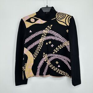 Vtg St. John By Marie Gray Sweater‎ Womens S Black Gold Mock Neck Zip Metallic